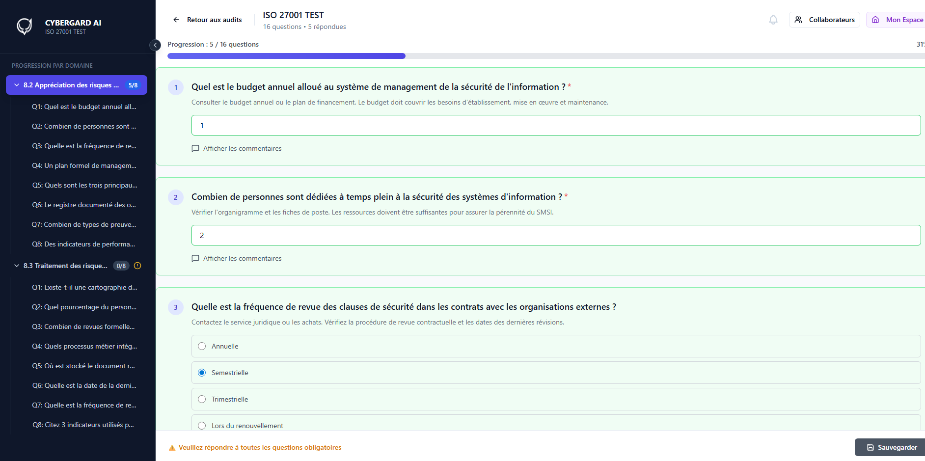 Vue questionnaire audité